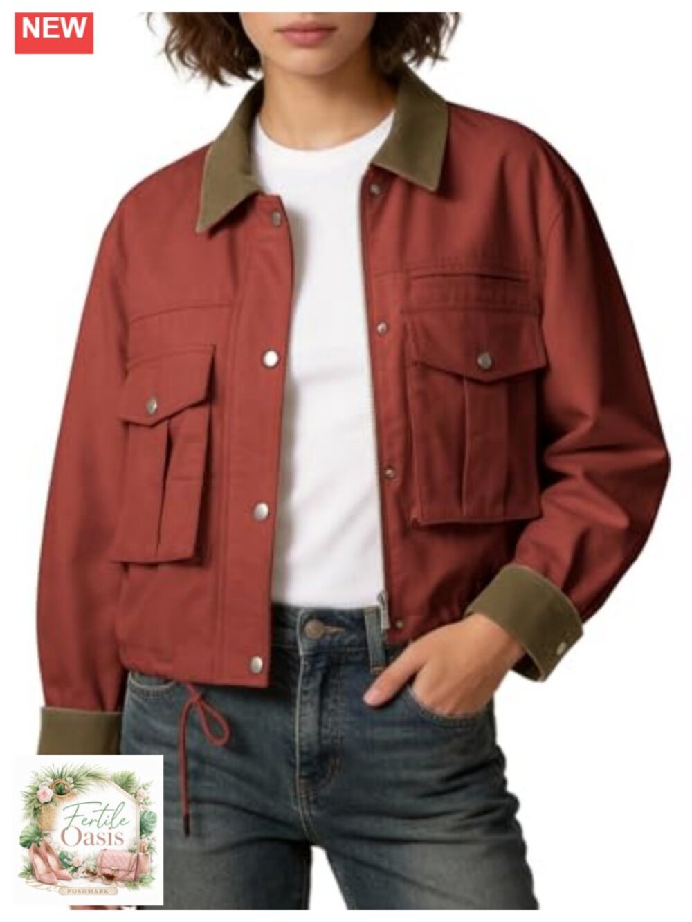 Women's Cropped Cargo Barn Jacket Contrast Collar Cotton Casual